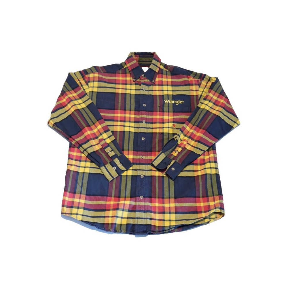 Wrangler TwentyX Mens Small Plaid Button Down Shirt Navy Yellow Red Logo